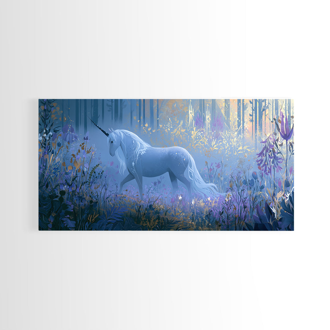 Unicorn in a Moonlit Meadow Framed Canvas Print, Fairy Tale Art, Minimalist Decor, Living Room Decor, Oil Painting, Storybook, FTA-2x1-30