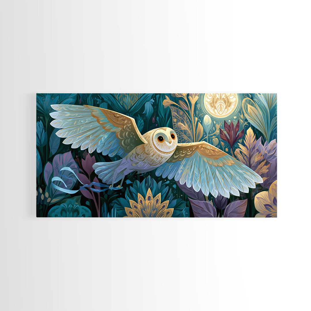 Owl Messenger Carrying a Tiny Ribbon Framed Canvas Print, Fairy Tale Art, Art Print, Living Room Decor, Fine Art, Storybook, FTA-2x1-37