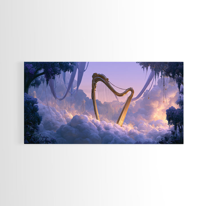 Golden Harp in a Cloud Kingdom Framed Canvas Print, Fairy Tale Art, Room Decor, Living Room Decor, Fine Art, Storybook, FTA-2x1-42