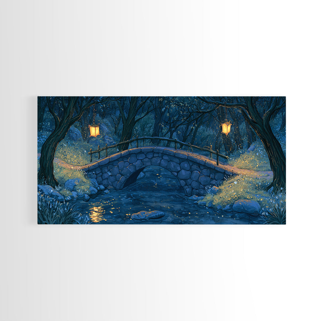 Lantern Lit Bridge Framed Canvas Print, Fairy Tale Art, Original Art, Living Room Decor, Fine Art, Storybook, Folk Art, FTA-2x1-43