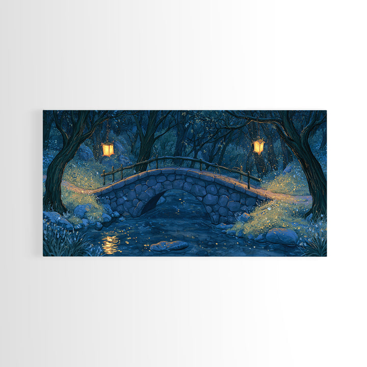 Lantern Lit Bridge Framed Canvas Print, Fairy Tale Art, Original Art, Living Room Decor, Fine Art, Storybook, Folk Art, FTA-2x1-43