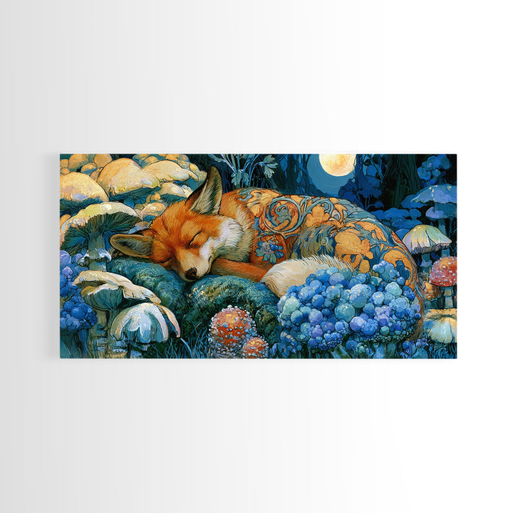 Sleeping Fox Beside a Magical Mushroom Ring Canvas Print, Fairy Tale Art, Boho Wall Art, Living Room Decor, Oil Painting, FTA-2x1-47