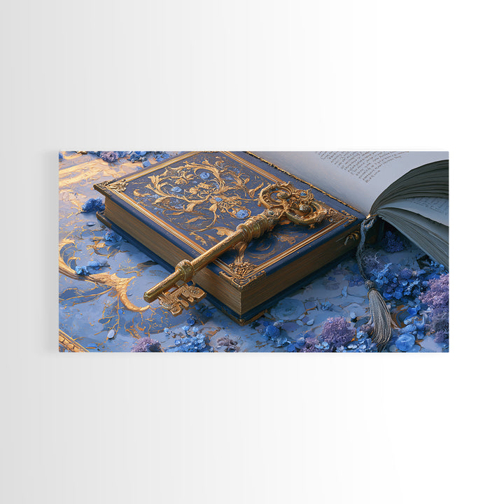 Golden Key and Enchanted Book Still Life Canvas Print, Fairy Tale Art, Nursery Wall Art, Living Room Decor, Storybook, FTA-2x1-5