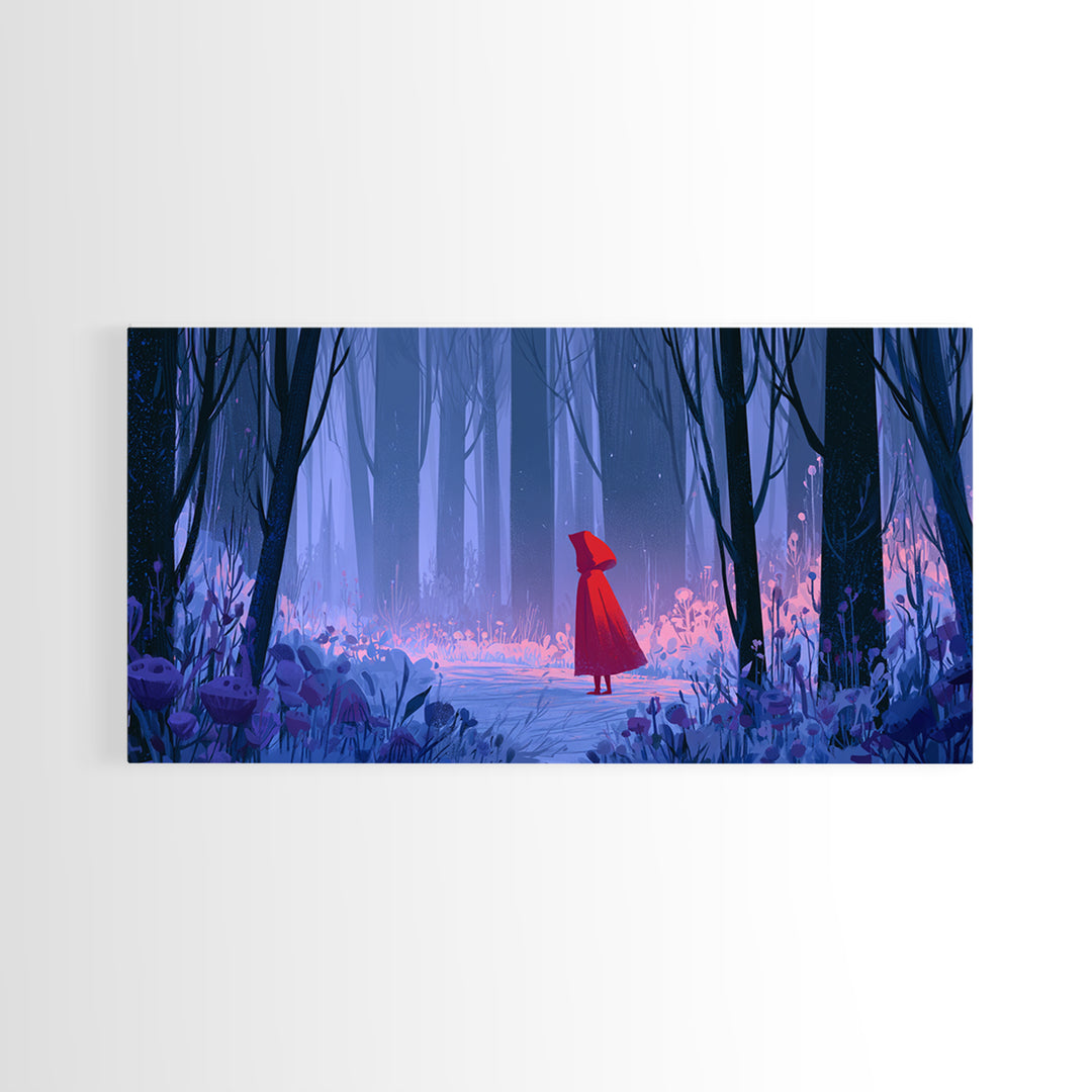 Red Cloak Figure Walking Through Dark Woods Canvas Print, Fairy Tale Art, Art Print, Living Room Decor, Oil Painting, Storybook, FTA-2x1-52