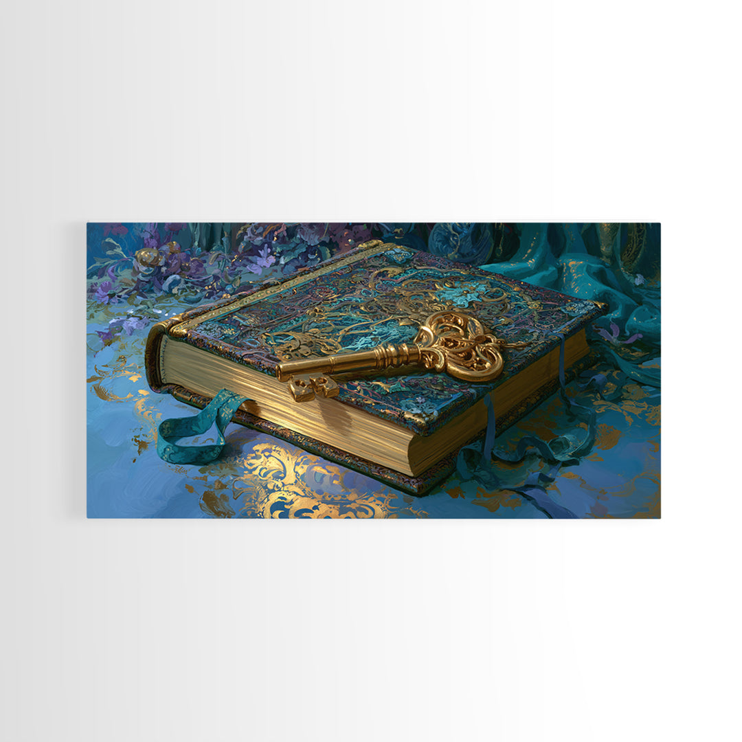 Golden Key and Enchanted Book Still Life Canvas Print, Fairy Tale Art, Boho Wall Art, Living Room Decor, Oil Painting, FTA-2x1-53