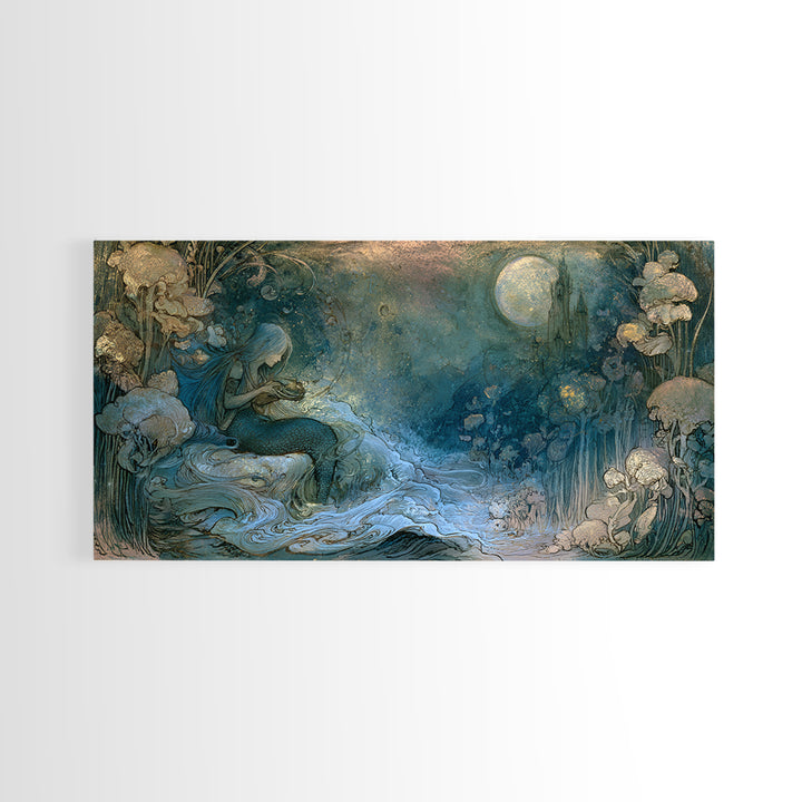 Mermaid Combing Hair Beneath a Pearl Moon Canvas Print, Fairy Tale Art, Printable Wall Art, Living Room Decor, Storybook, FTA-2x1-56