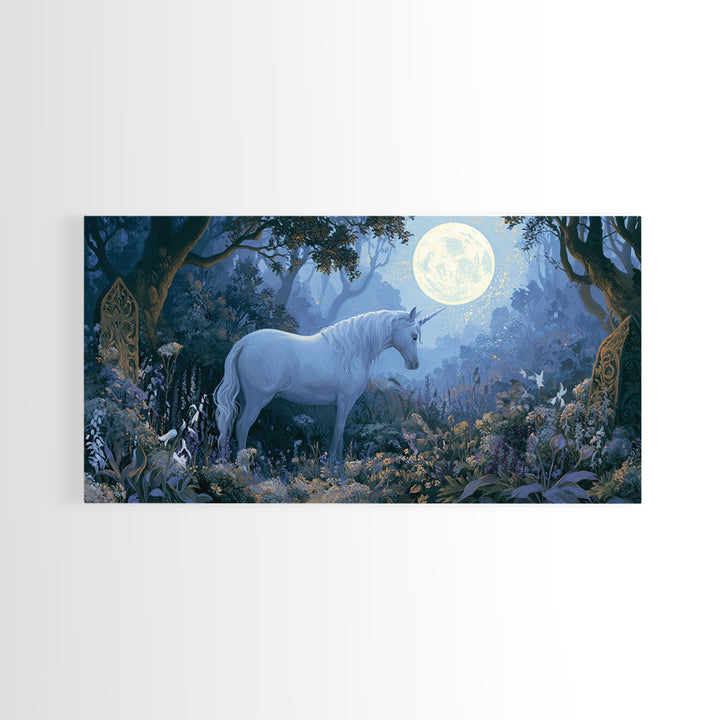 Unicorn in a Moonlit Meadow Framed Canvas Print, Fairy Tale Art, Minimalist Decor, Living Room Decor, Oil Painting, Storybook, FTA-2x1-6