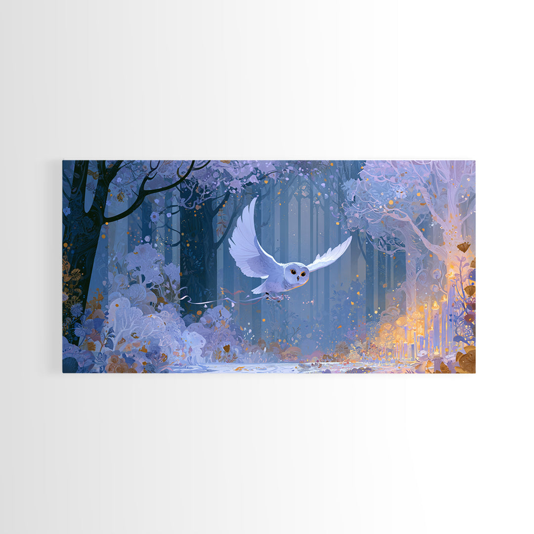Owl Messenger Carrying a Tiny Ribbon Canvas Print, Fairy Tale Art, Canvas Wall Art, Living Room Decor, Fine Art, Storybook, FTA-2x1-61