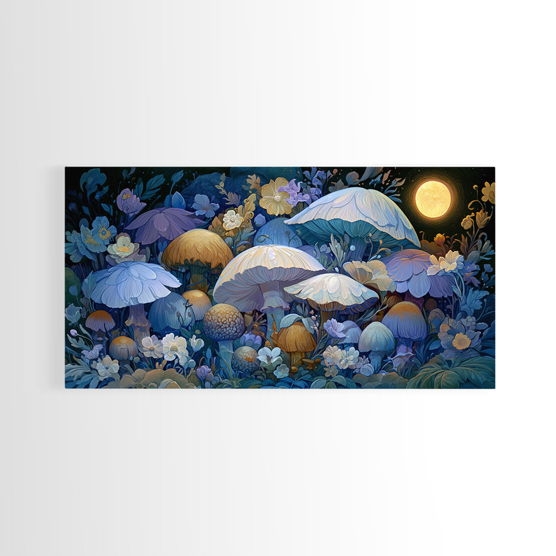 Fairy Ring of Mushrooms and Wildflowers Framed Canvas Print, Fairy Tale Art, Abstract Art, Living Room Decor, Storybook, FTA-2x1-65