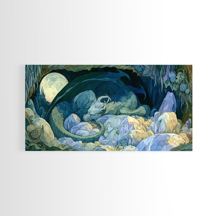 Sleeping Dragon in a Cave of Crystals Canvas Print, Fairy Tale Art, Nursery Wall Art, Living Room Decor, Watercolor Art, FTA-2x1-68