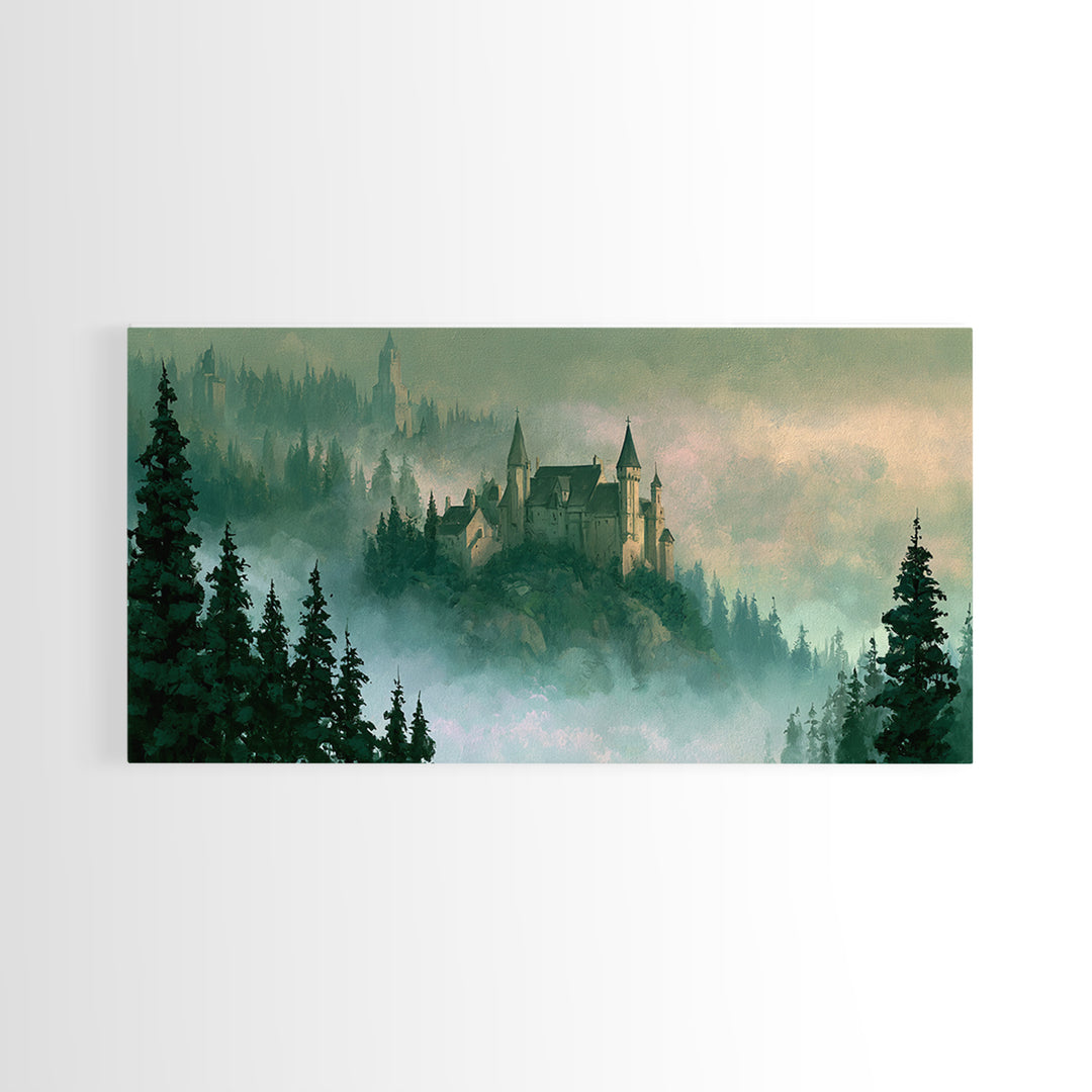 Storybook Castle on a Misty Hill Canvas Print, Fairy Tale Art, Original Art, Living Room Decor, Fine Art, Storybook, Folk Art, FTA-2x1-70