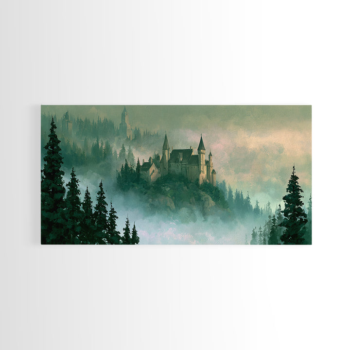 Storybook Castle on a Misty Hill Canvas Print, Fairy Tale Art, Original Art, Living Room Decor, Fine Art, Storybook, Folk Art, FTA-2x1-70