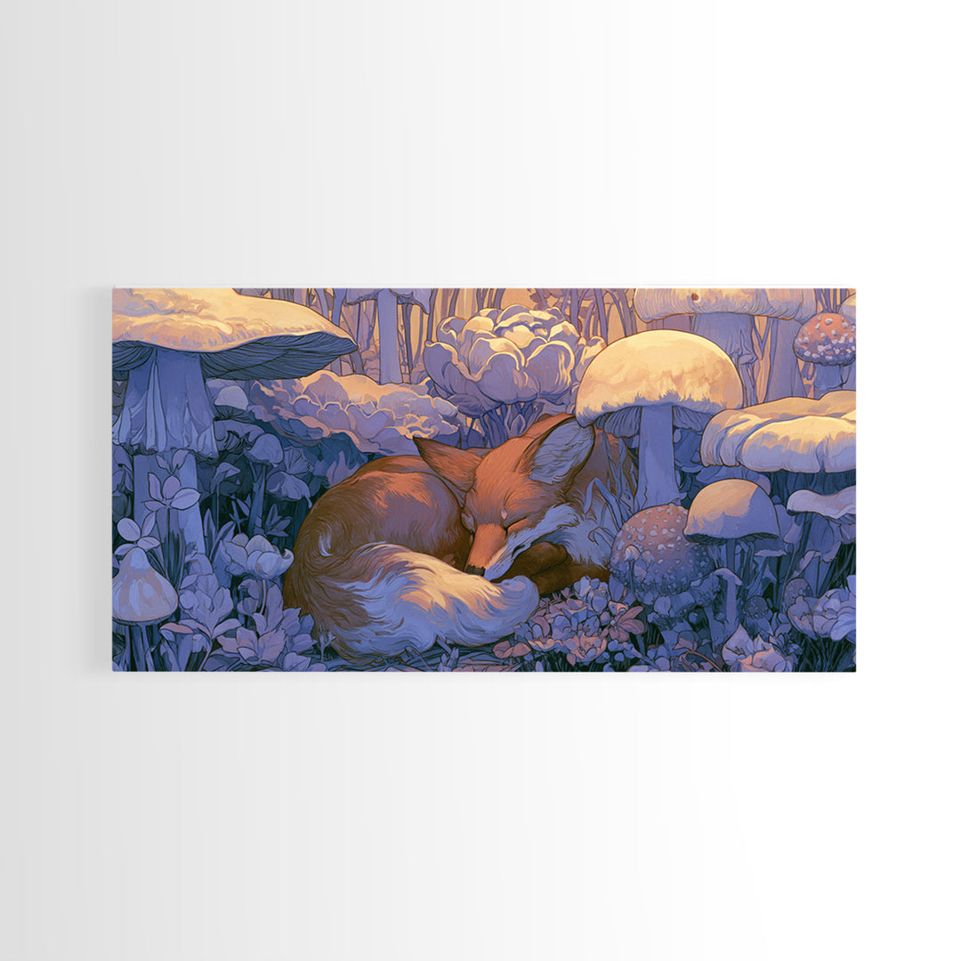 Sleeping Fox Beside a Magical Mushroom Ring Canvas Print, Fairy Tale Art, Kids Room Decor, Living Room Decor, Abstract Art, FTA-2x1-71