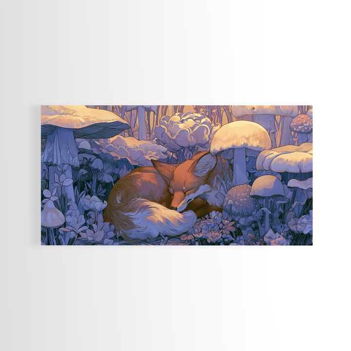Sleeping Fox Beside a Magical Mushroom Ring Canvas Print, Fairy Tale Art, Kids Room Decor, Living Room Decor, Abstract Art, FTA-2x1-71