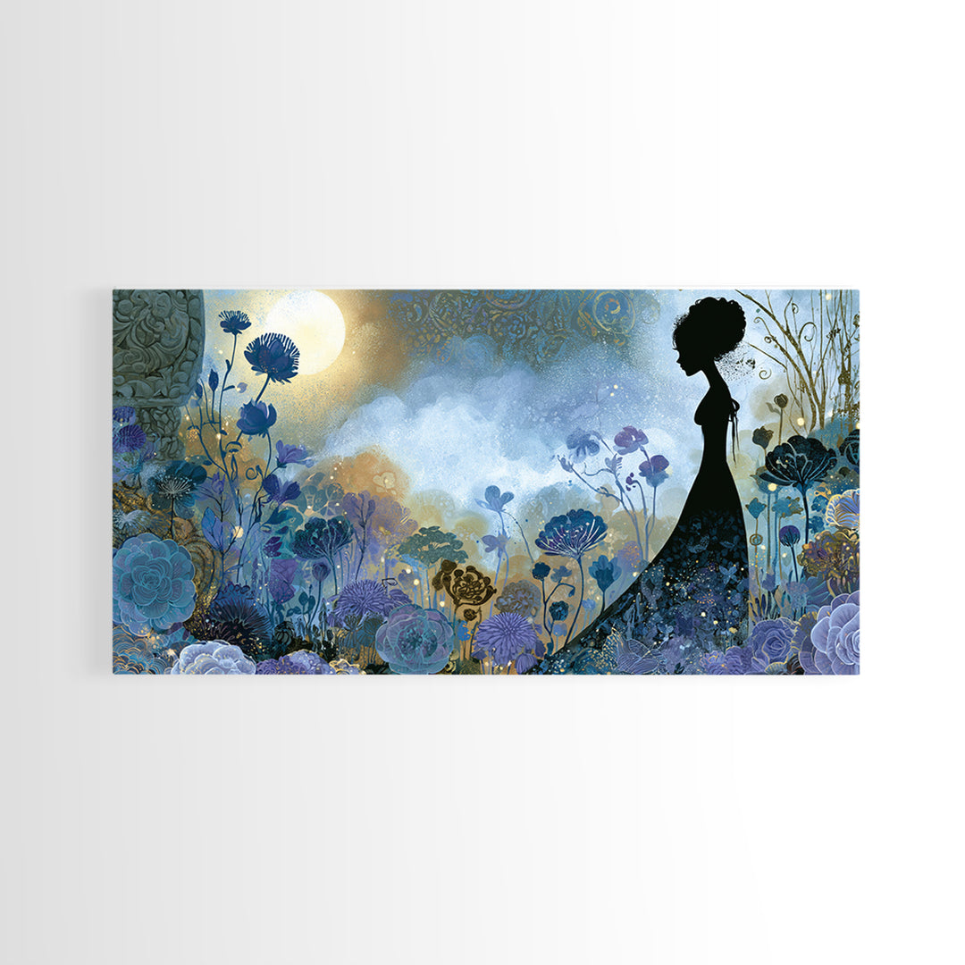 Princess Silhouette with Moonlit Garden Flowers Canvas Print, Fairy Tale Art, Art Nouveau, Living Room Decor, Storybook, FTA-2x1-72