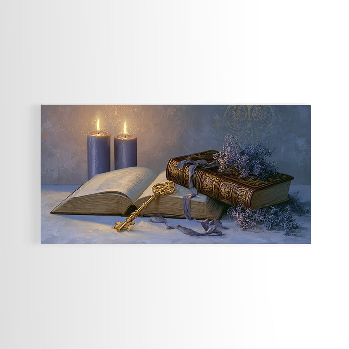 Golden Key and Enchanted Book Still Life Canvas Print, Fairy Tale Art, Boho Wall Art, Living Room Decor, Oil Painting, FTA-2x1-77