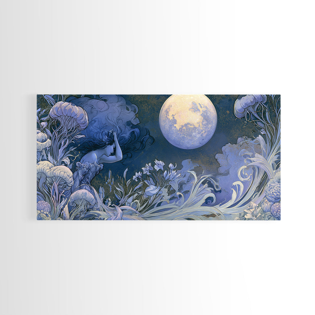 Mermaid Combing Hair Beneath a Pearl Moon Canvas Print, Fairy Tale Art, Luxury Decor, Living Room Decor, Storybook, FTA-2x1-8