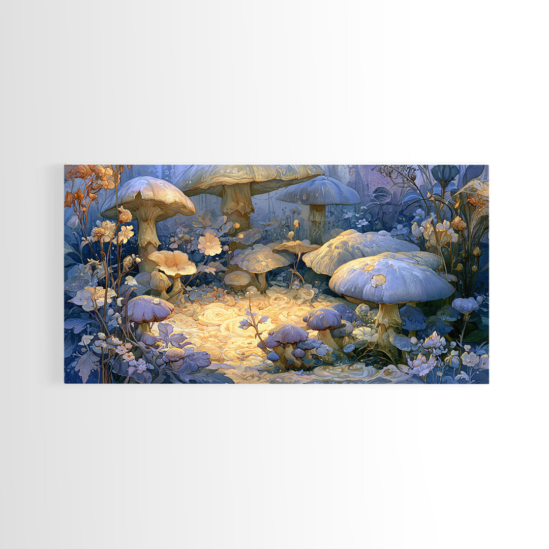 Fairy Ring of Mushrooms and Wildflowers Canvas Print, Fairy Tale Art, Nursery Art, Living Room Decor, Oil Painting, Storybook, FTA-2x1-89