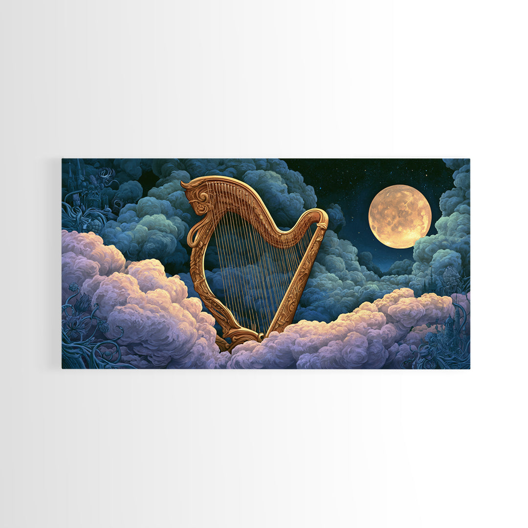 Golden Harp in a Cloud Kingdom Framed Canvas Print, Fairy Tale Art, Art Deco, Living Room Decor, Oil Painting, Storybook, FTA-2x1-90