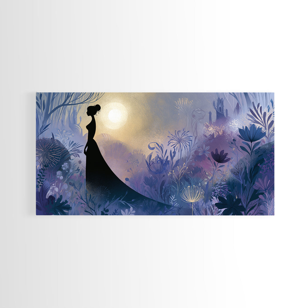 Princess Silhouette with Moonlit Garden Flowers Canvas Print, Fairy Tale Art, Princess Wall Art, Living Room Decor, Storybook, FTA-2x1-96