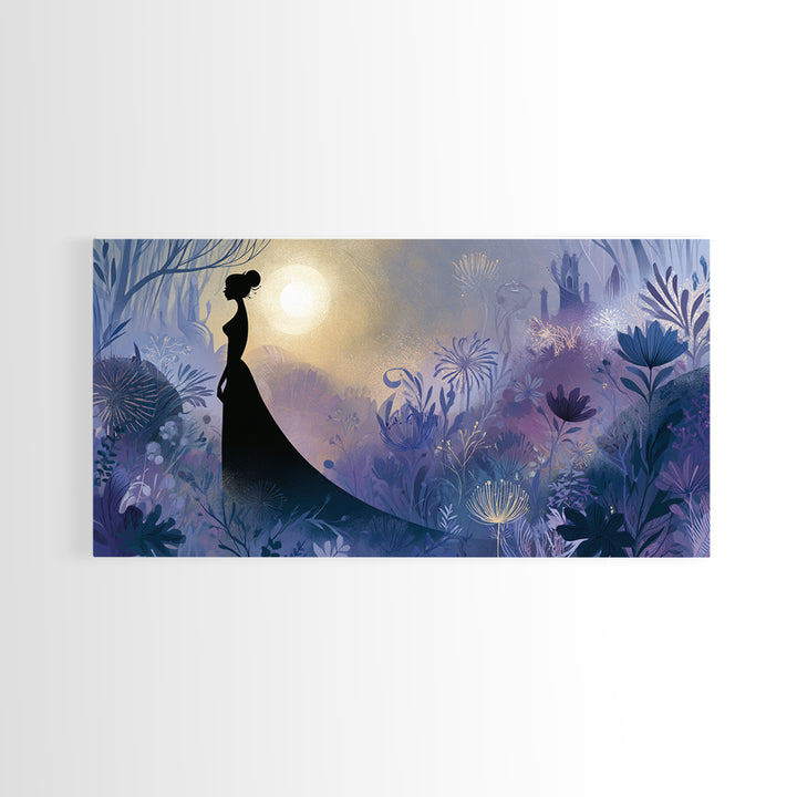 Princess Silhouette with Moonlit Garden Flowers Canvas Print, Fairy Tale Art, Princess Wall Art, Living Room Decor, Storybook, FTA-2x1-96