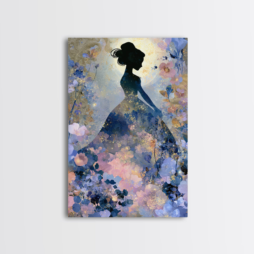 Princess Silhouette with Moonlit Garden Flowers Framed Canvas Print, Fairy Tale Art, Art Deco, Living Room Decor, Storybook, FTA-2x3-12