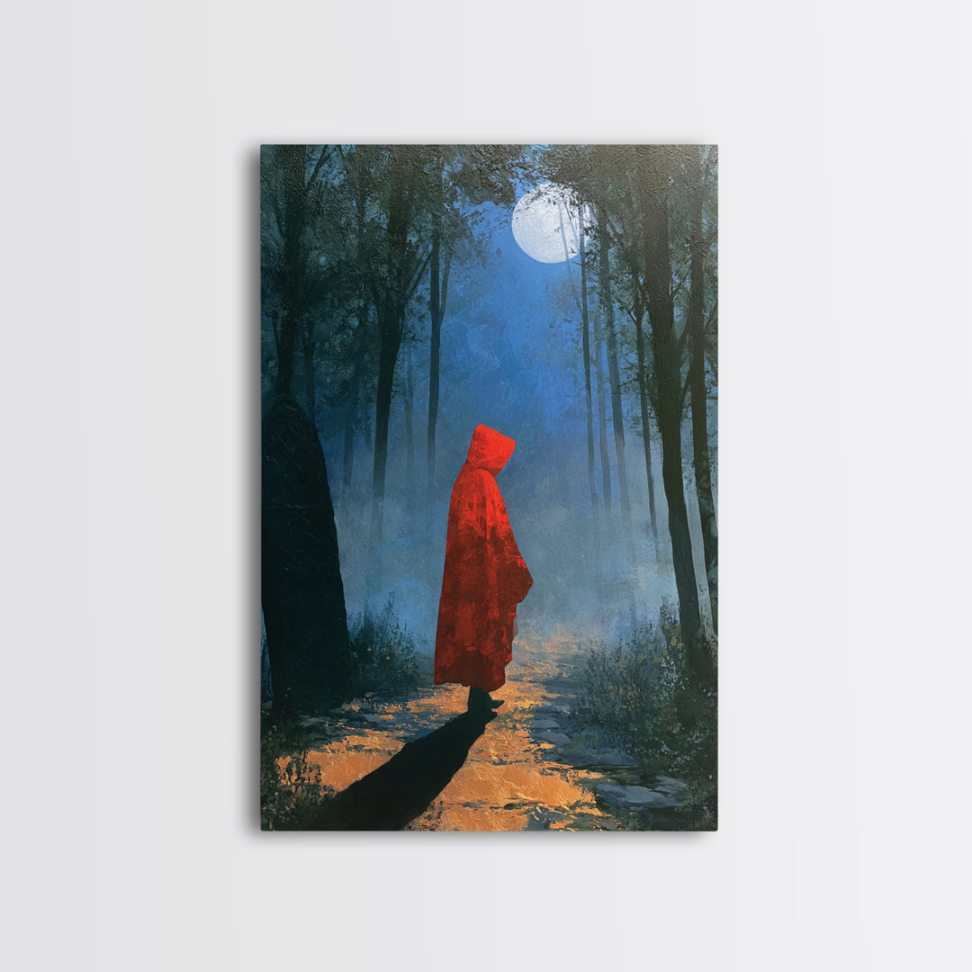 Red Cloak Figure Walking Through Dark Woods Canvas Print, Fairy Tale Art, Gallery Decor, Living Room Decor, Fine Art, Storybook, FTA-2x3-16