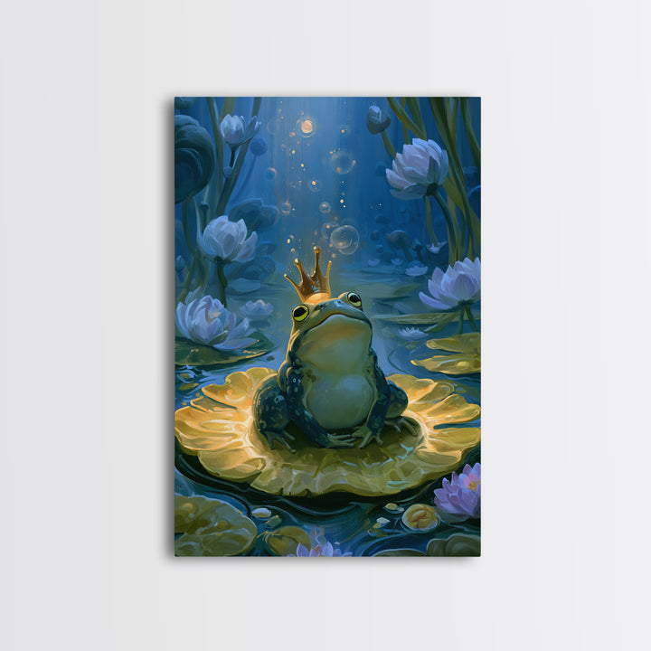 Frog Prince on a Lily Pad Framed Canvas Print, Fairy Tale Art, Contemporary Art, Living Room Decor, Fine Art, Storybook, FTA-2x3-19