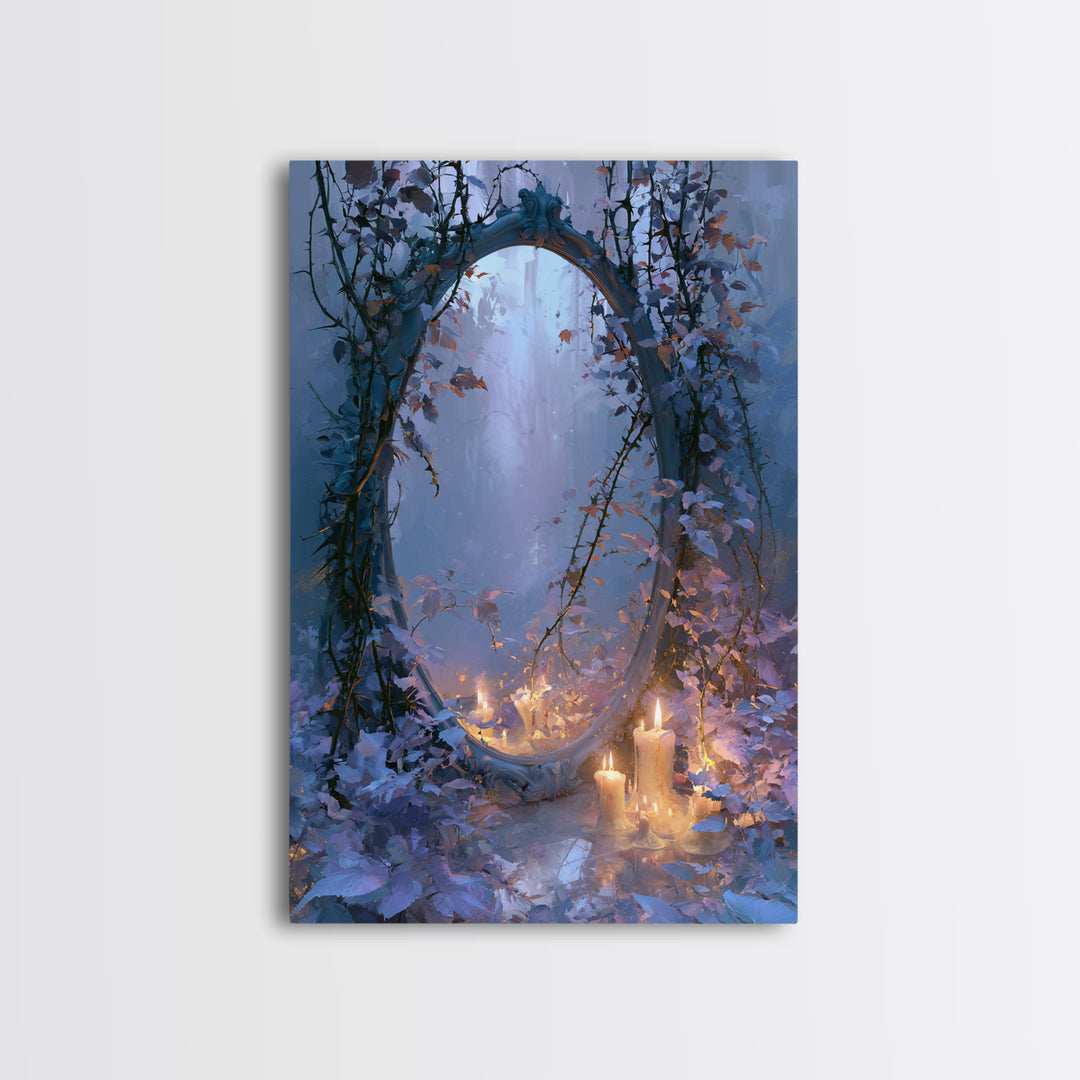 Magic Mirror Framed by Vines and Thorns Framed Canvas Print, Fairy Tale Art, Art Deco, Living Room Decor, Oil Painting, FTA-2x3-21