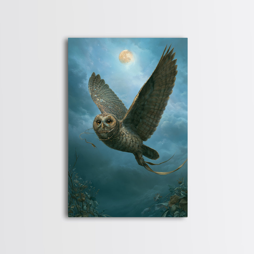 Owl Messenger Carrying a Tiny Ribbon Framed Canvas Print, Fairy Tale Art, Original Art, Living Room Decor, Fine Art, Storybook, FTA-2x3-25