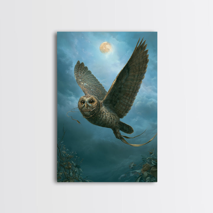 Owl Messenger Carrying a Tiny Ribbon Framed Canvas Print, Fairy Tale Art, Original Art, Living Room Decor, Fine Art, Storybook, FTA-2x3-25