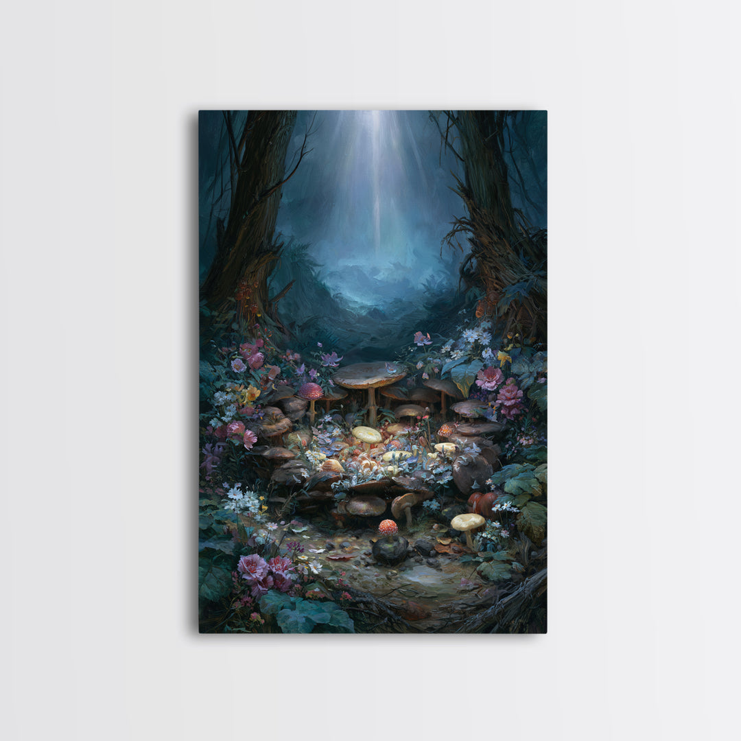 Fairy Ring of Mushrooms and Wildflowers Canvas Print, Fairy Tale Art, Nursery Wall Art, Living Room Decor, Watercolor Art, FTA-2x3-29