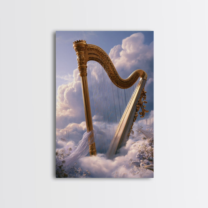 Golden Harp in a Cloud Kingdom Framed Canvas Print, Fairy Tale Art, Minimalist Decor, Living Room Decor, Fine Art, Storybook, FTA-2x3-30