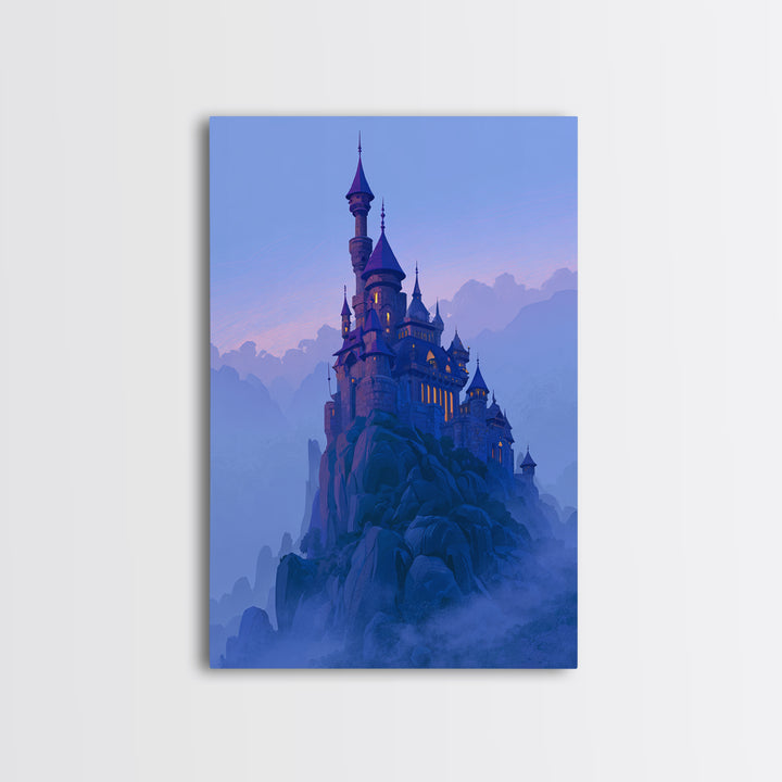 Storybook Castle on a Misty Hill Framed Canvas Print, Fairy Tale Art, Art Print, Living Room Decor, Fine Art, Storybook, FTA-2x3-34