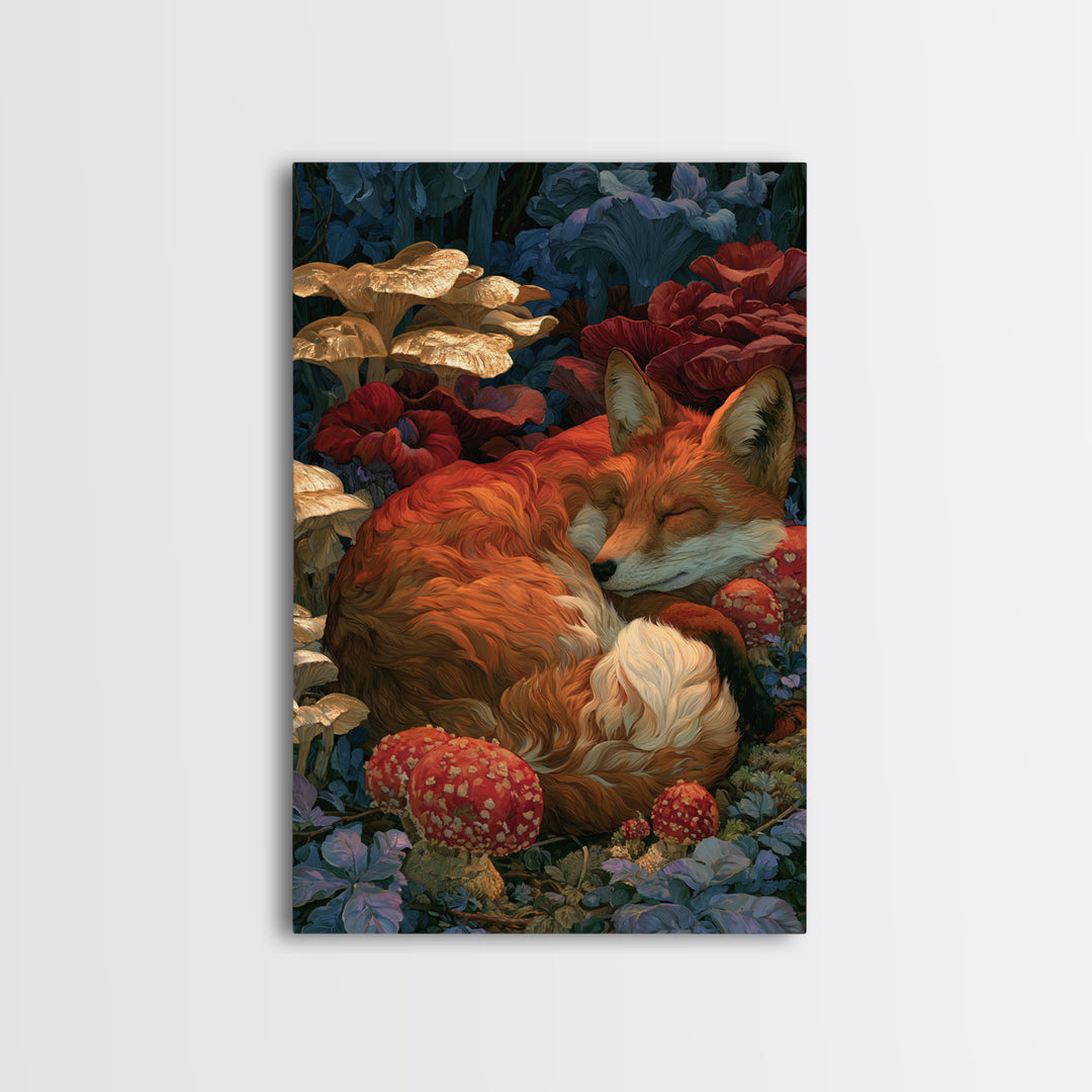 Sleeping Fox Beside a Magical Mushroom Ring Canvas Print, Fairy Tale Art, Nursery Wall Art, Living Room Decor, Watercolor Art, FTA-2x3-35