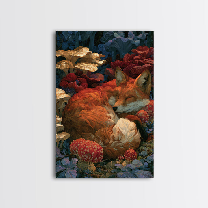 Sleeping Fox Beside a Magical Mushroom Ring Canvas Print, Fairy Tale Art, Nursery Wall Art, Living Room Decor, Watercolor Art, FTA-2x3-35