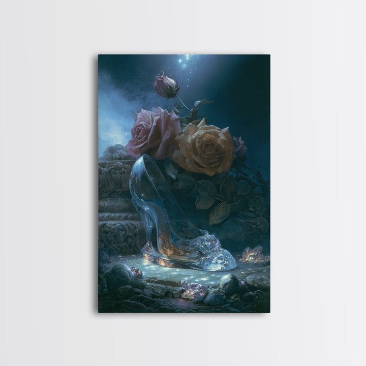 Glass Slipper Still Life Framed Canvas Print, Fairy Tale Art, Printable Wall Art, Living Room Decor, Fine Art, Storybook, FTA-2x3-38