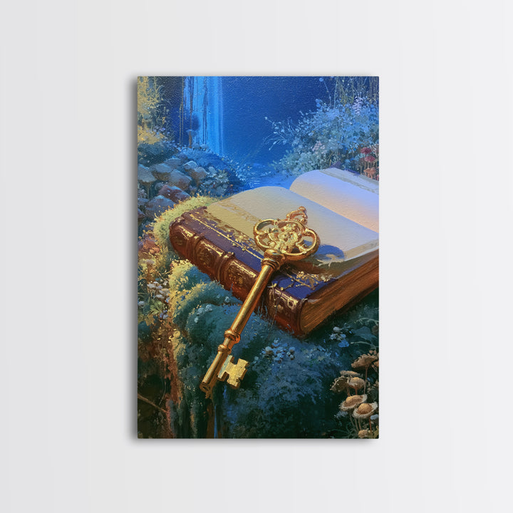 Golden Key and Enchanted Book Still Life Framed Canvas Print, Fairy Tale Art, Abstract Art, Living Room Decor, Storybook, FTA-2x3-41