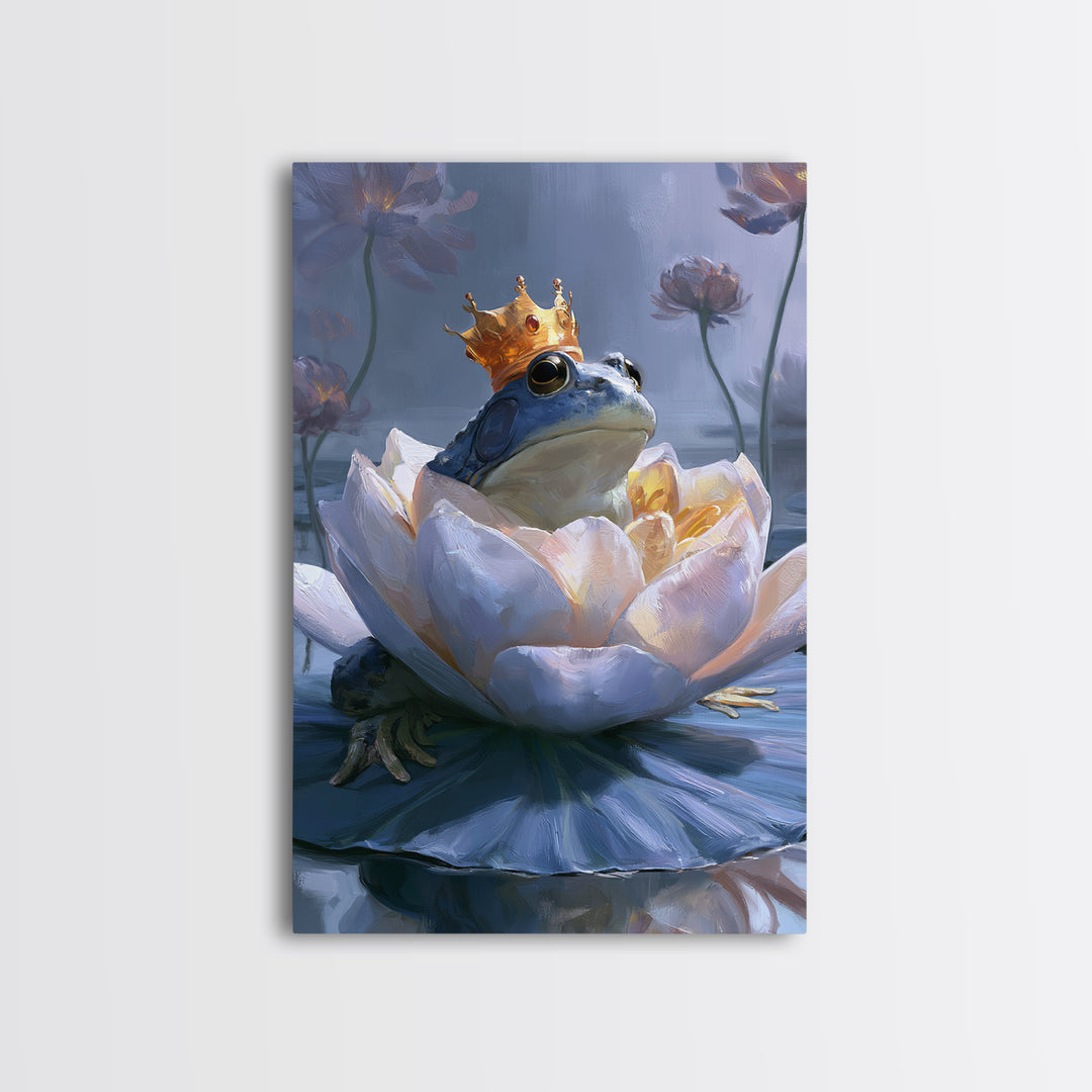 Frog Prince on a Lily Pad Framed Canvas Print, Fairy Tale Art, Canvas Wall Art, Living Room Decor, Fine Art, Storybook, FTA-2x3-43