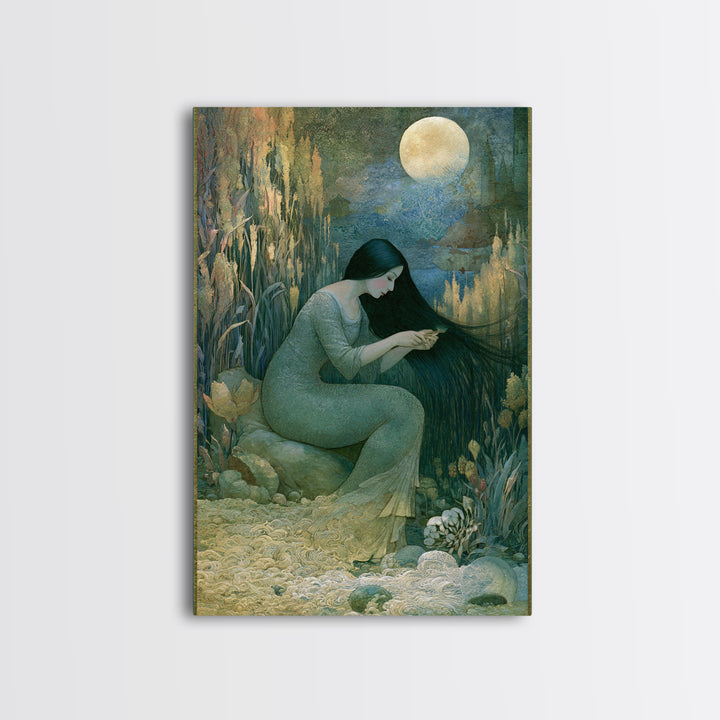 Mermaid Combing Hair Beneath a Pearl Moon Canvas Print, Fairy Tale Art, Luxury Decor, Living Room Decor, Storybook, FTA-2x3-44