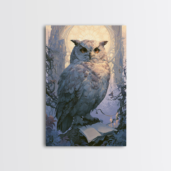 Owl Messenger Carrying a Tiny Ribbon Canvas Print, Fairy Tale Art, Whimsical Decor, Living Room Decor, Fine Art, Storybook, FTA-2x3-49