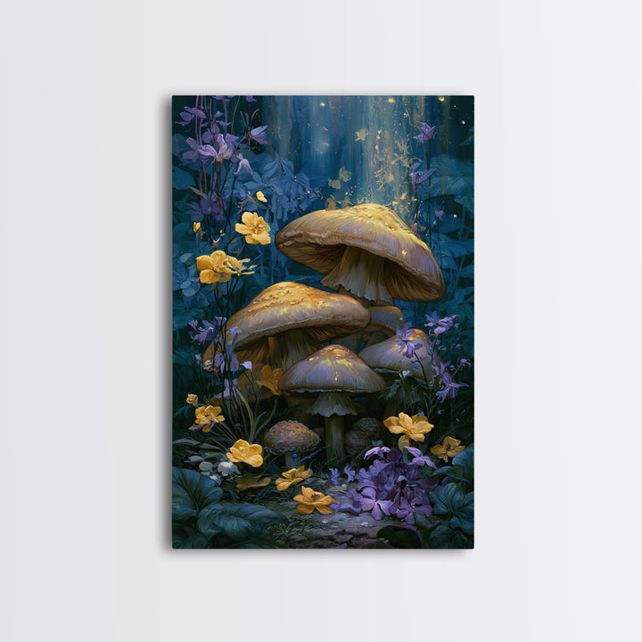 Fairy Ring of Mushrooms and Wildflowers Framed Canvas Print, Fairy Tale Art, Boho Wall Art, Living Room Decor, Watercolor Art, FTA-2x3-53