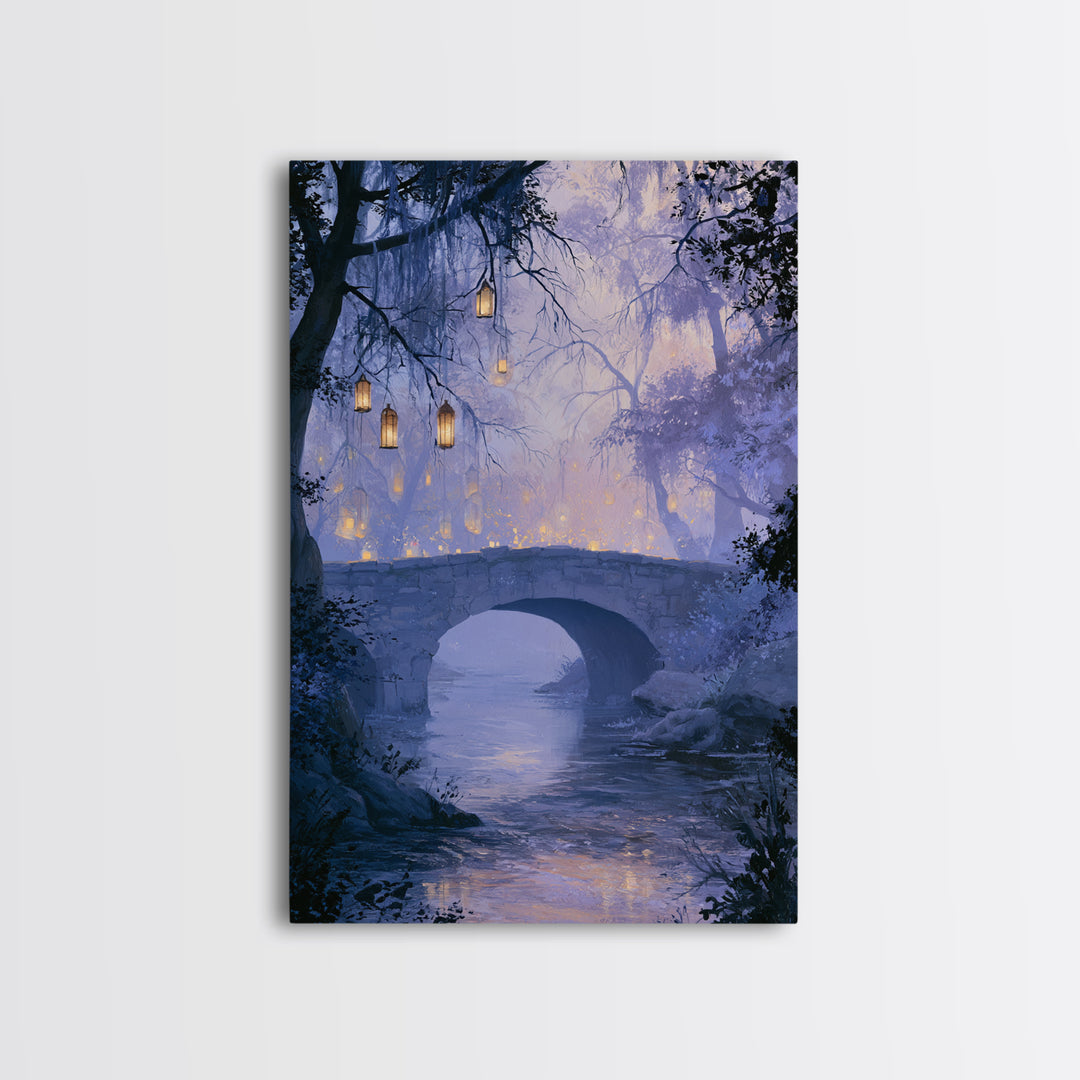 Lantern Lit Bridge Framed Canvas Print, Fairy Tale Art, Original Art, Living Room Decor, Fine Art, Storybook, Folk Art, FTA-2x3-55