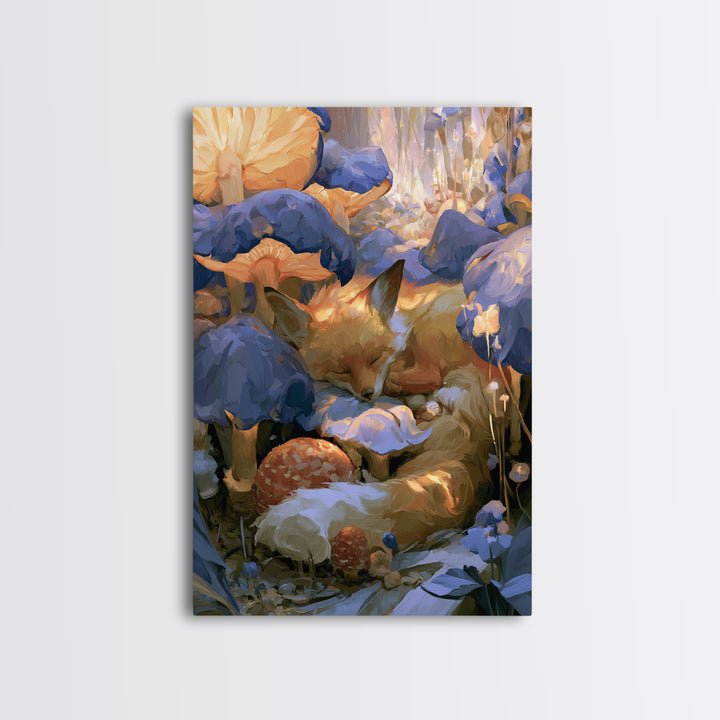 Sleeping Fox Beside a Magical Mushroom Ring Canvas Print, Fairy Tale Art, Boho Wall Art, Living Room Decor, Storybook, FTA-2x3-59