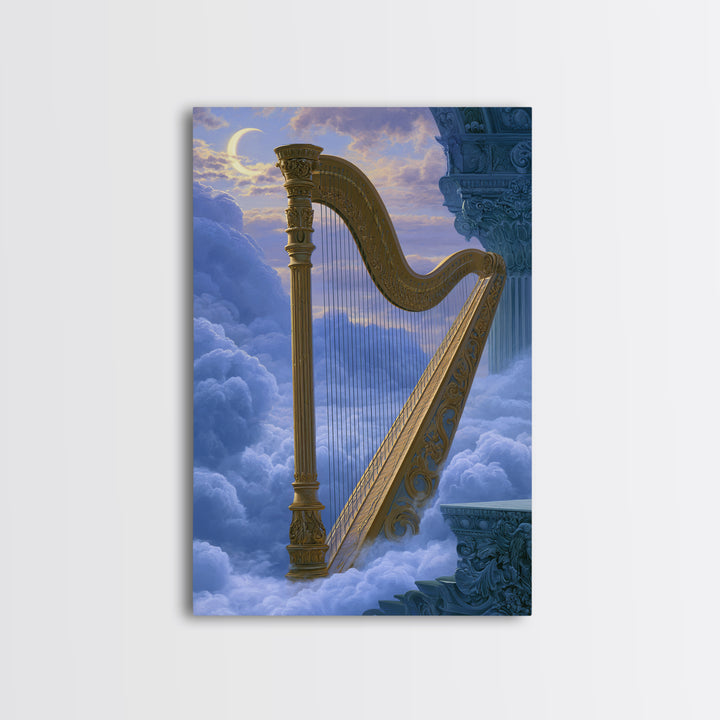 Golden Harp in a Cloud Kingdom Framed Canvas Print, Fairy Tale Art, Minimalist Decor, Living Room Decor, Fine Art, Storybook, FTA-2x3-6