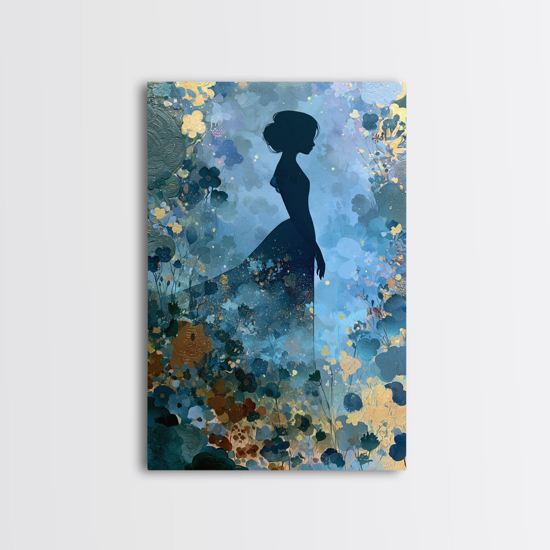 Princess Silhouette with Moonlit Garden Flowers Canvas Print, Fairy Tale Art, Art Nouveau, Living Room Decor, Storybook, FTA-2x3-60