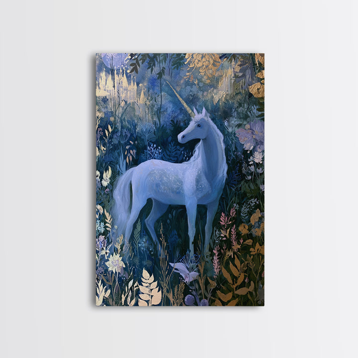 Unicorn in a Moonlit Meadow Canvas Print, Fairy Tale Art, Art Deco, Living Room Decor, Fine Art, Storybook, Whimsical Art, FTA-2x3-66