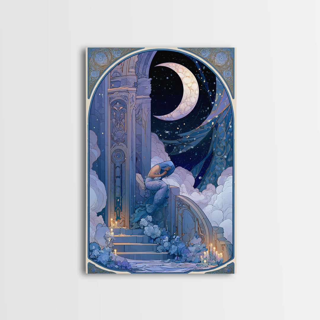 Mermaid Combing Hair Beneath a Pearl Moon Framed Canvas Print, Fairy Tale Art, Nursery Art, Living Room Decor, Storybook, FTA-2x3-68