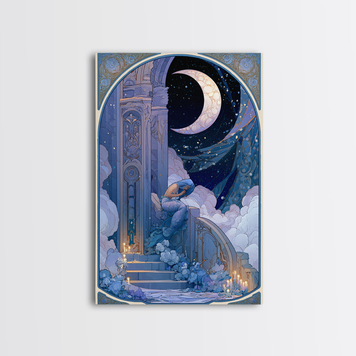 Mermaid Combing Hair Beneath a Pearl Moon Framed Canvas Print, Fairy Tale Art, Nursery Art, Living Room Decor, Storybook, FTA-2x3-68