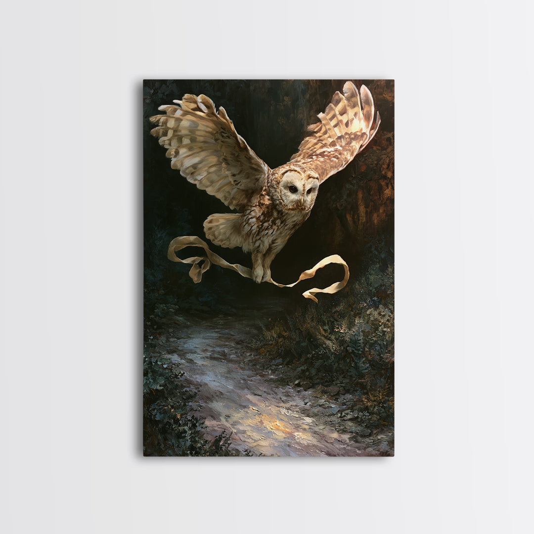 Owl Messenger Carrying a Tiny Ribbon Framed Canvas Print, Fairy Tale Art, Whimsical Art, Living Room Decor, Fine Art, Storybook, FTA-2x3-73